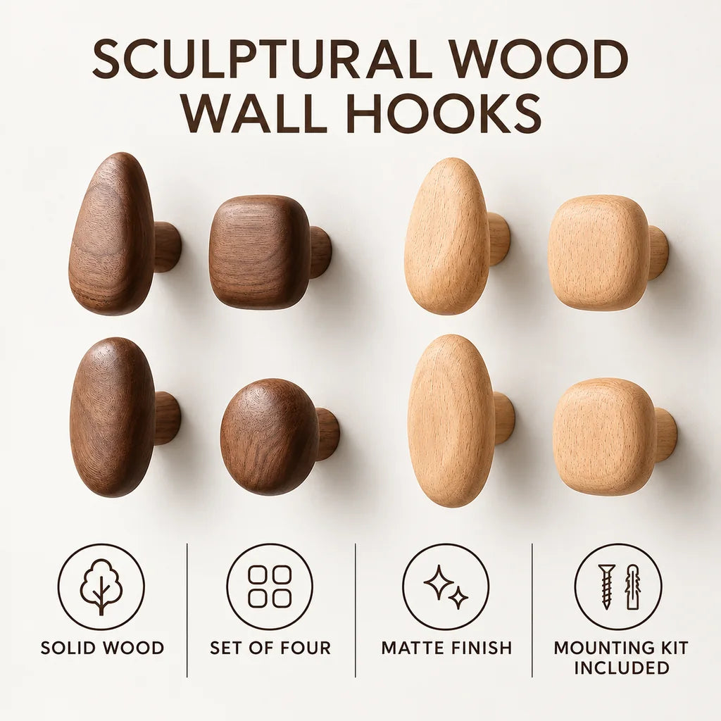 Sculptural Pebble Wood Wall Hooks — 4-Piece Set