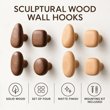 Sculptural Pebble Wood Wall Hooks — 4-Piece Set