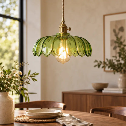 Vintage Flower-Shaped Scalloped Glass Hanging Lamp