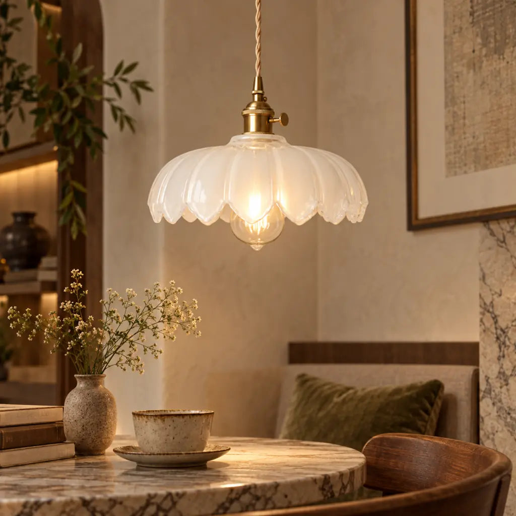 Vintage Flower-Shaped Scalloped Glass Hanging Lamp