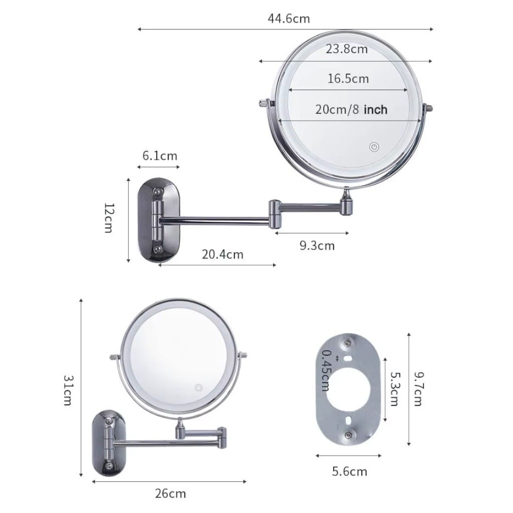 Chrome Silver Wall-Mounted LED Makeup Mirror with Extendable Arm Boldenn