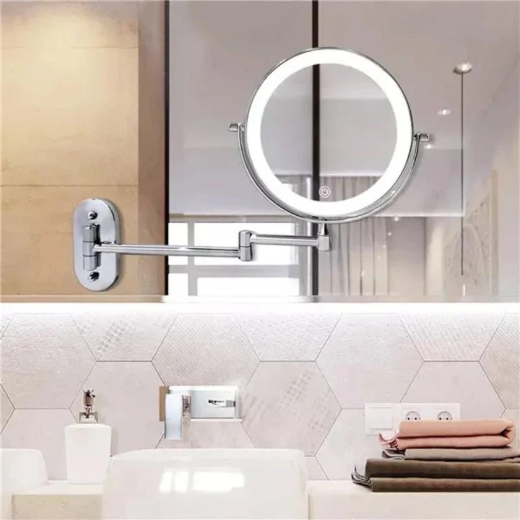 Chrome Silver Wall-Mounted LED Makeup Mirror with Extendable Arm Boldenn