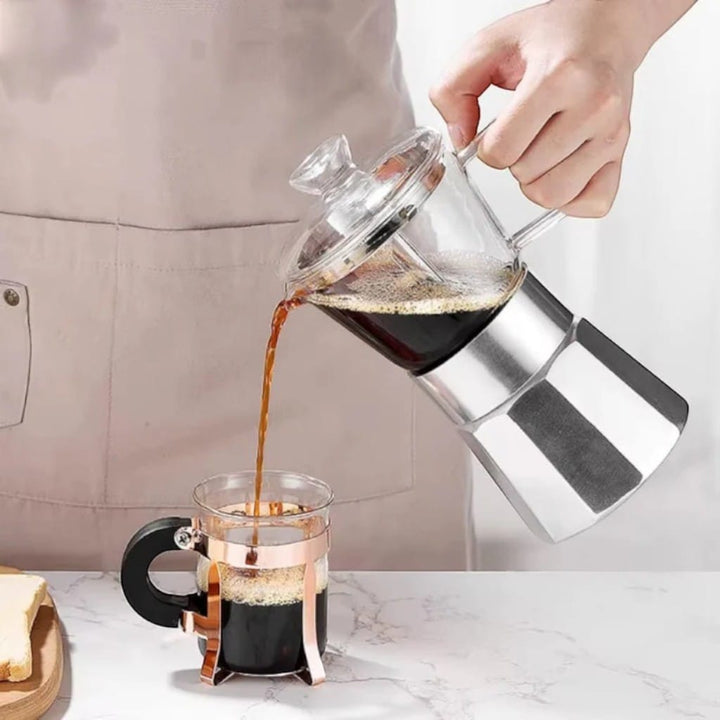 Glass Top Aluminium Moka Pot – See-Through Stovetop Espresso Maker Boldenn