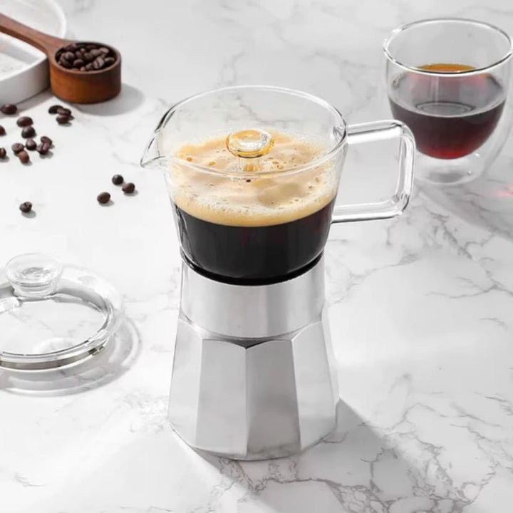 Glass Top Aluminium Moka Pot – See-Through Stovetop Espresso Maker Boldenn