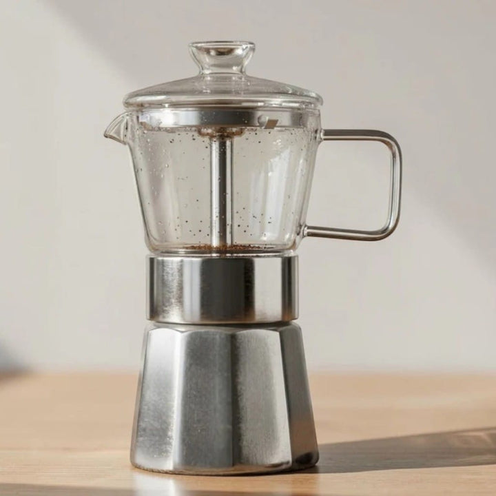 Glass Top Aluminium Moka Pot – See-Through Stovetop Espresso Maker Boldenn