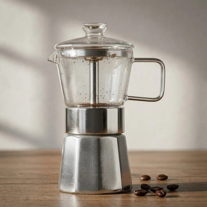Glass Top Aluminium Moka Pot – See-Through Stovetop Espresso Maker Boldenn