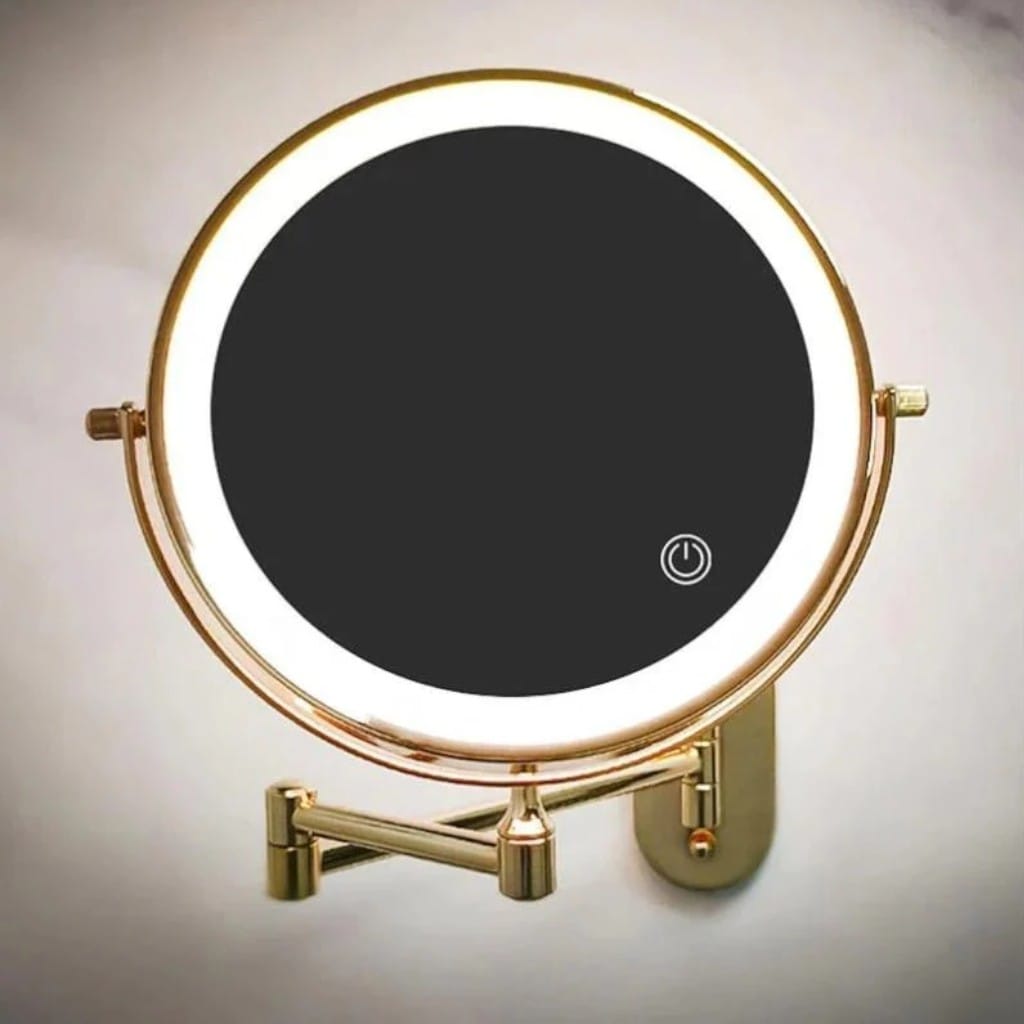 Gold Wall-Mounted LED Makeup Mirror with Extendable Arm & Magnification Boldenn