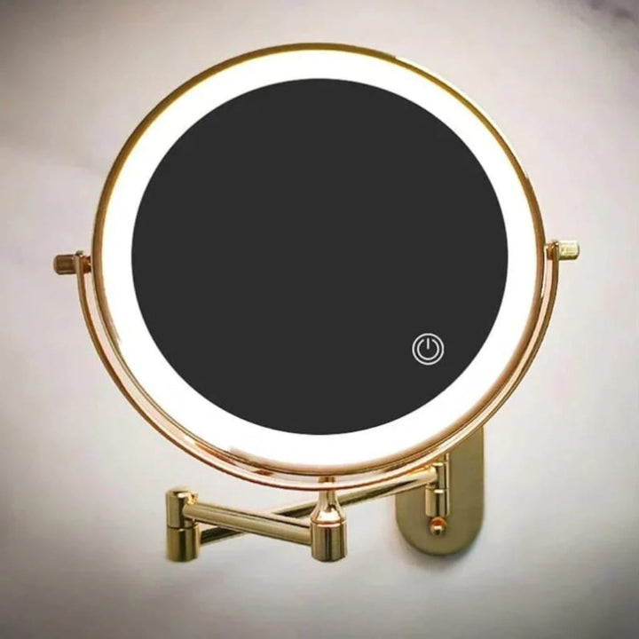 Gold Wall-Mounted LED Makeup Mirror with Extendable Arm & Magnification Boldenn