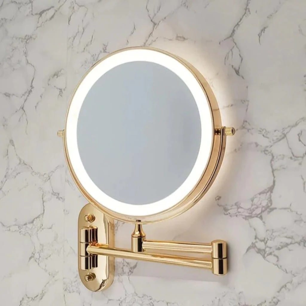 Gold Wall-Mounted LED Makeup Mirror with Extendable Arm & Magnification Boldenn