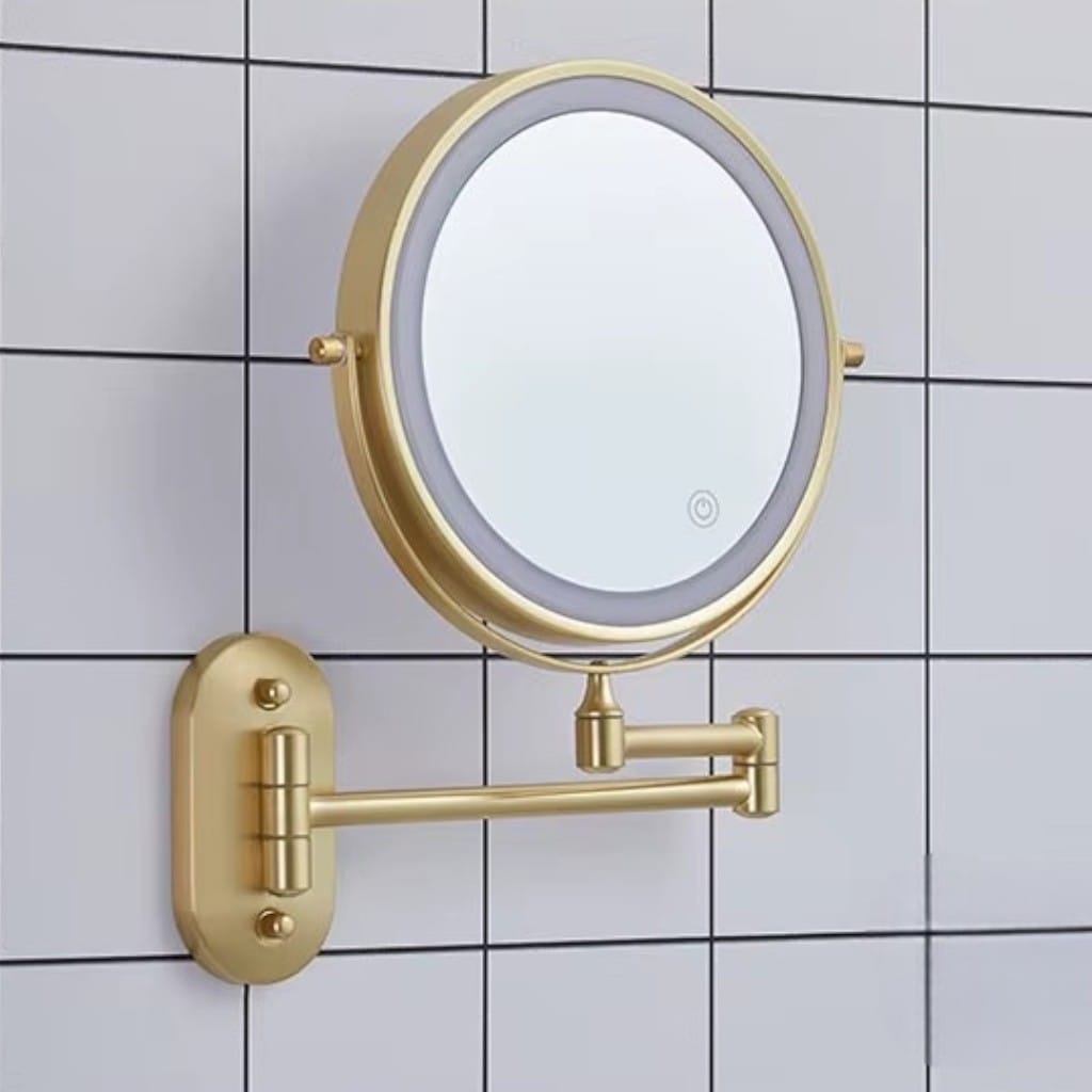 Gold Wall-Mounted LED Makeup Mirror with Extendable Arm & Magnification Boldenn