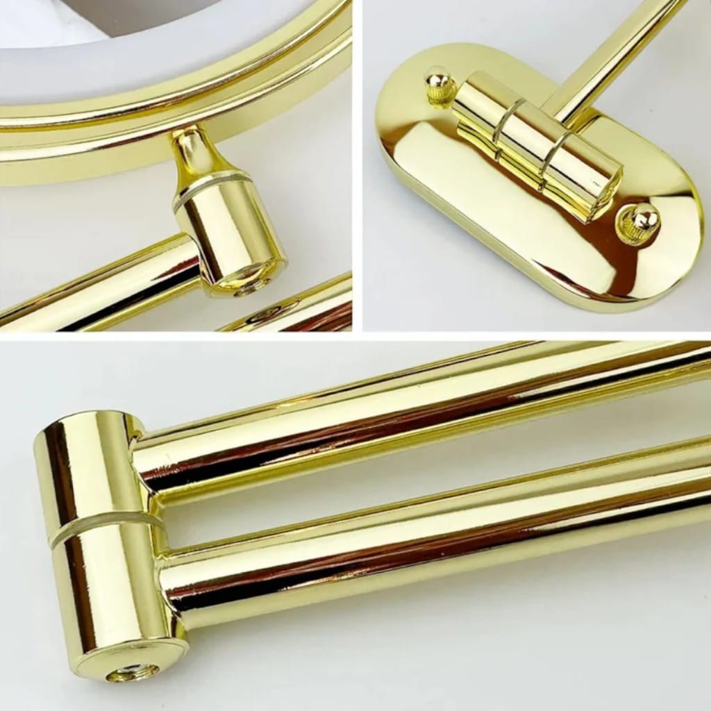 Gold Wall-Mounted LED Makeup Mirror with Extendable Arm & Magnification Boldenn