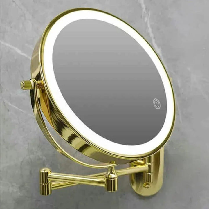 Gold Wall-Mounted LED Makeup Mirror with Extendable Arm & Magnification Boldenn
