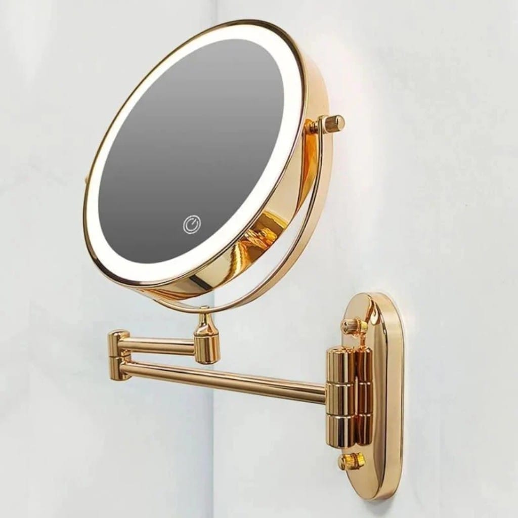 Gold Wall-Mounted LED Makeup Mirror with Extendable Arm & Magnification Boldenn