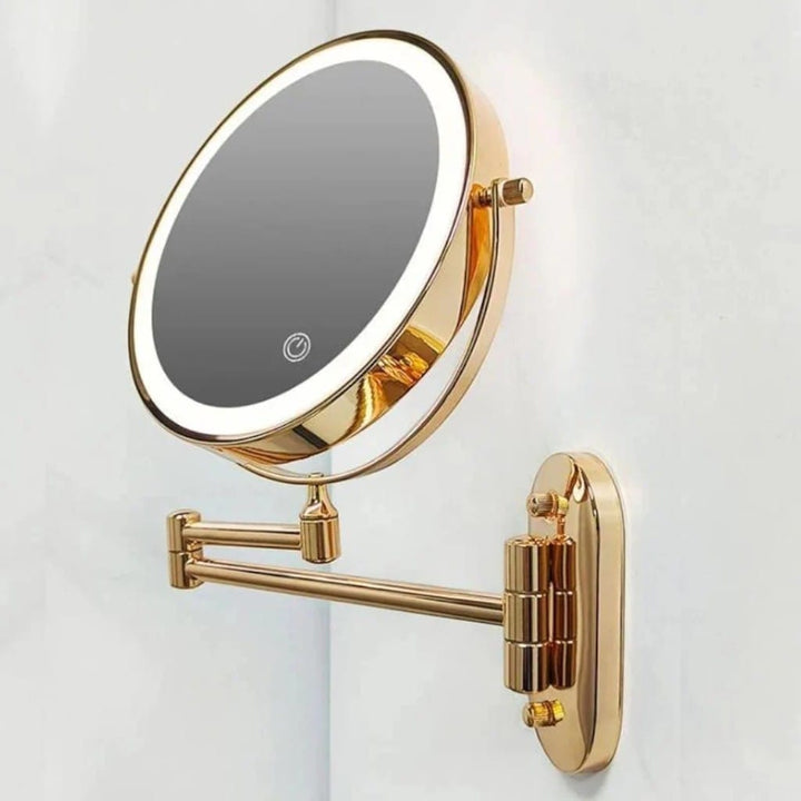 Gold Wall-Mounted LED Makeup Mirror with Extendable Arm & Magnification Boldenn