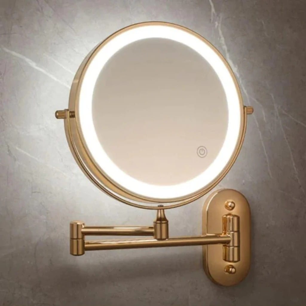 Gold Wall-Mounted LED Makeup Mirror with Extendable Arm & Magnification Boldenn