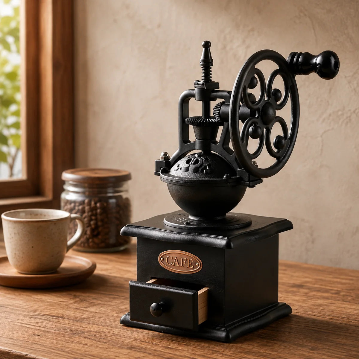 Heritage manual coffee grinder on a refined coffee station