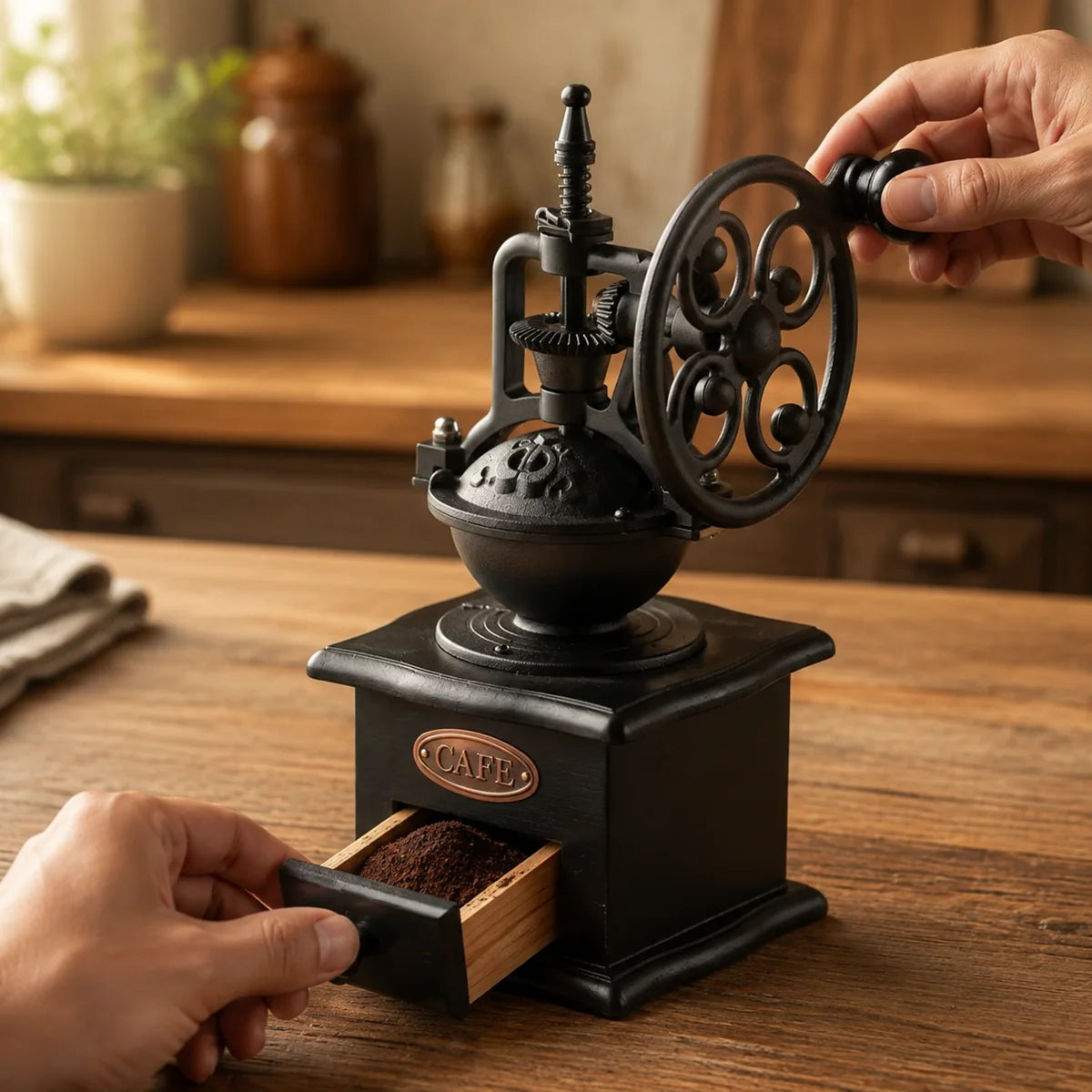 Hands operating the side crank of a vintage-style coffee grinder