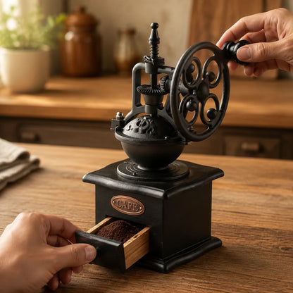 Hands operating the side crank of a vintage-style coffee grinder