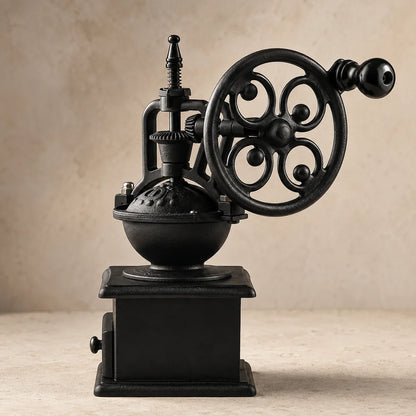 Side view of the ornate hand-crank wheel and exposed gears