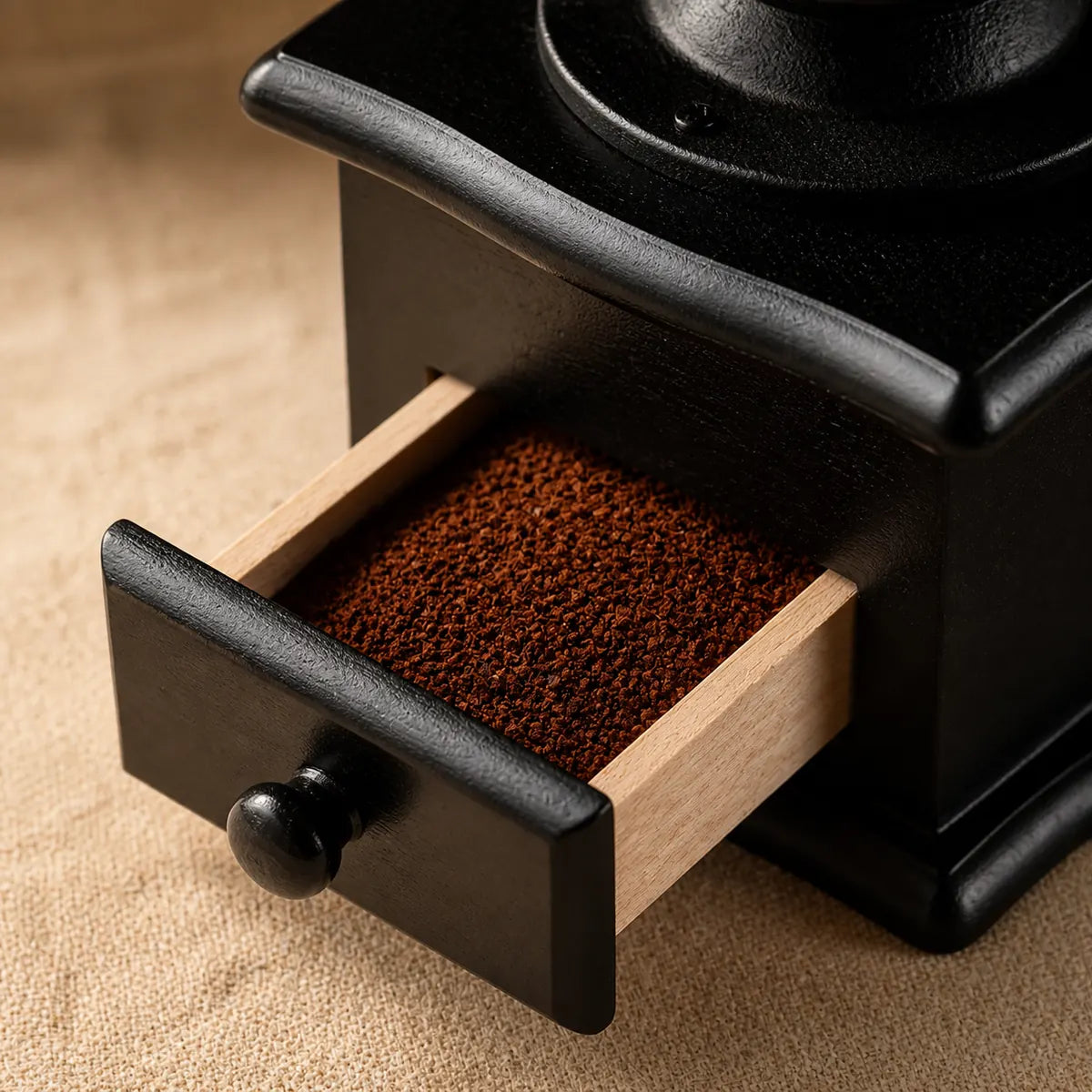 Wooden grounds drawer filled with freshly ground coffee