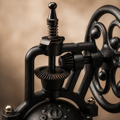 Close-up of the exposed gears and cast-metal grinder mechanism