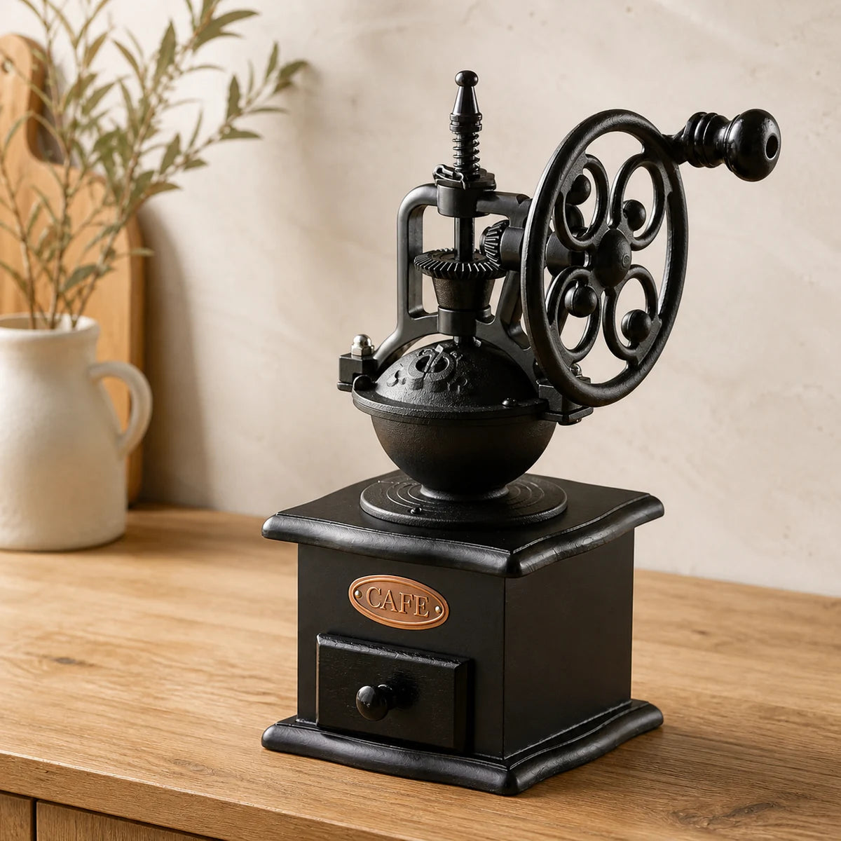 Heritage hand-crank coffee grinder in a contemporary rustic kitchen