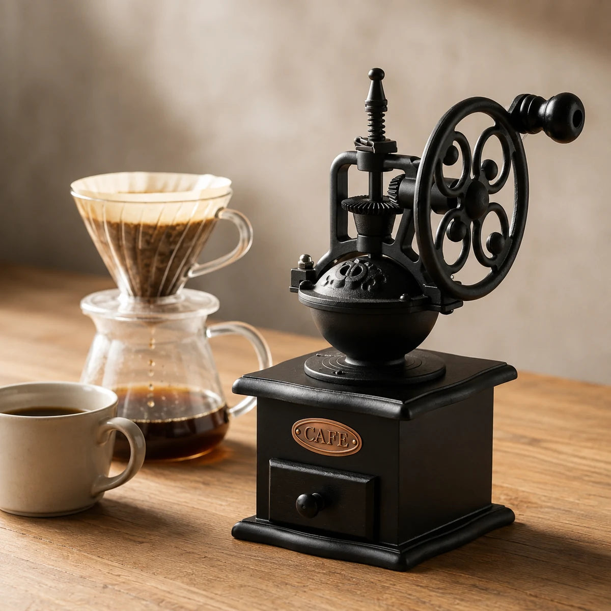 Manual coffee grinder beside a simple pour-over brewing setup