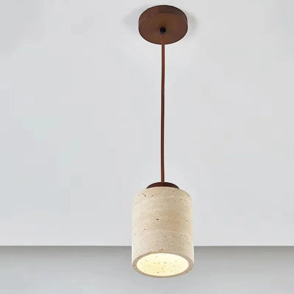 Japandi Natural Travertine Stone & Wood Pendant Light