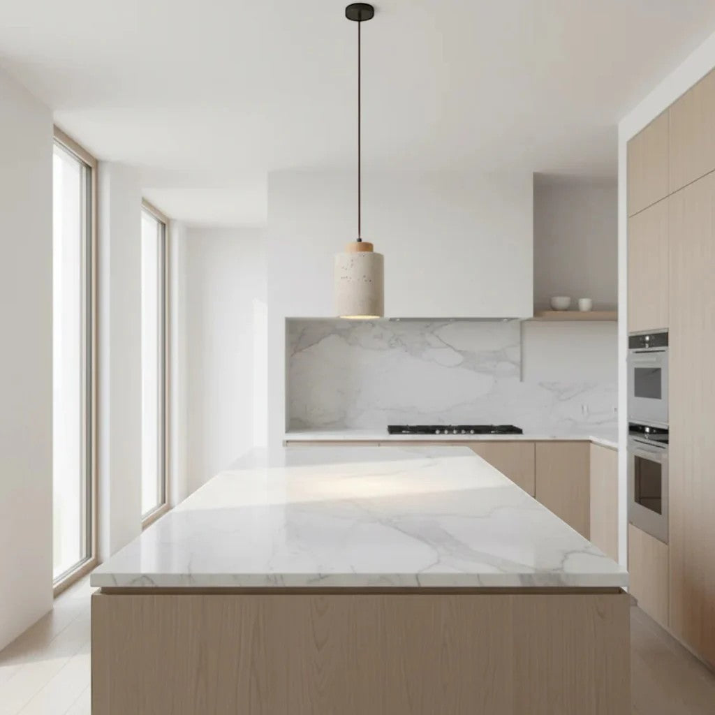 Japandi Natural Travertine Stone & Wood Pendant Light