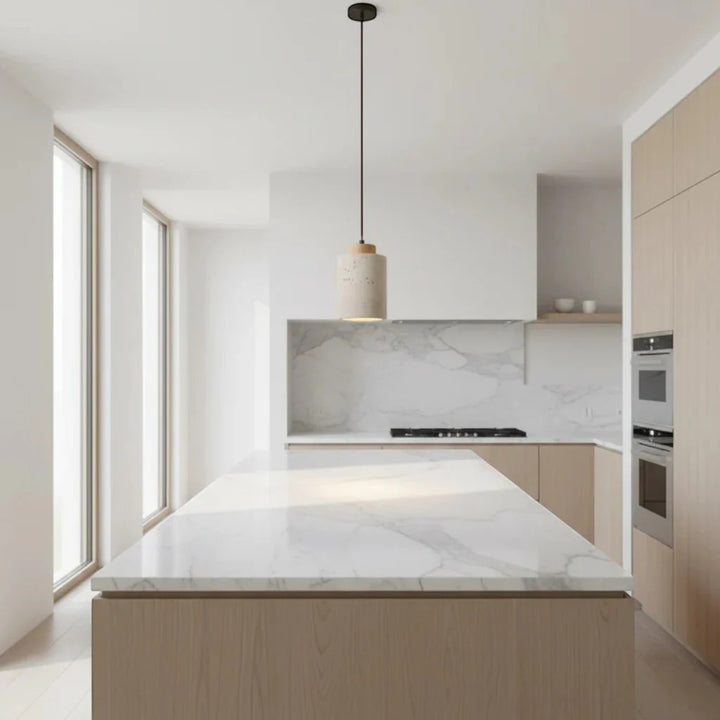 Japandi Natural Travertine Stone & Wood Pendant Light