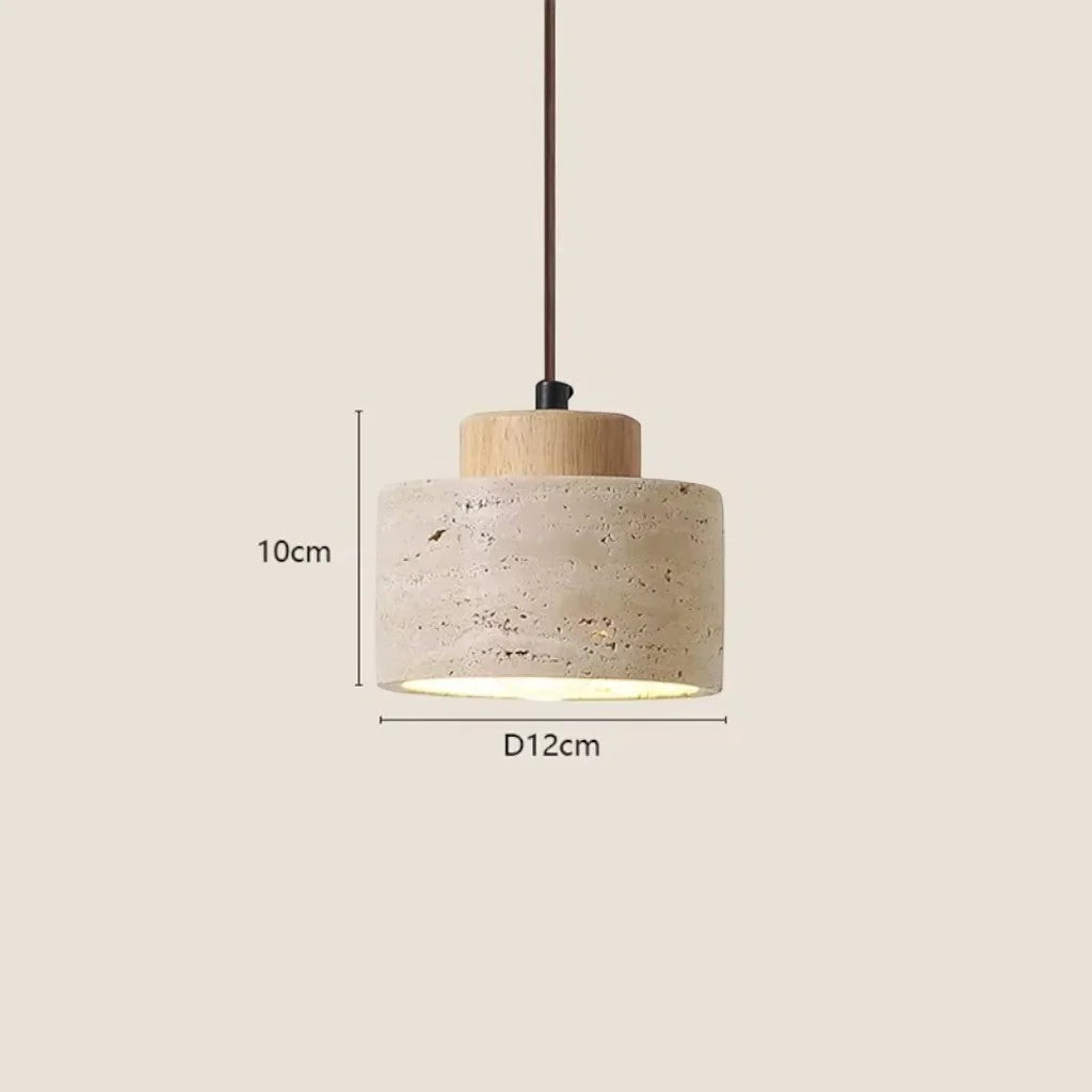 Japandi Natural Travertine Stone & Wood Pendant Light