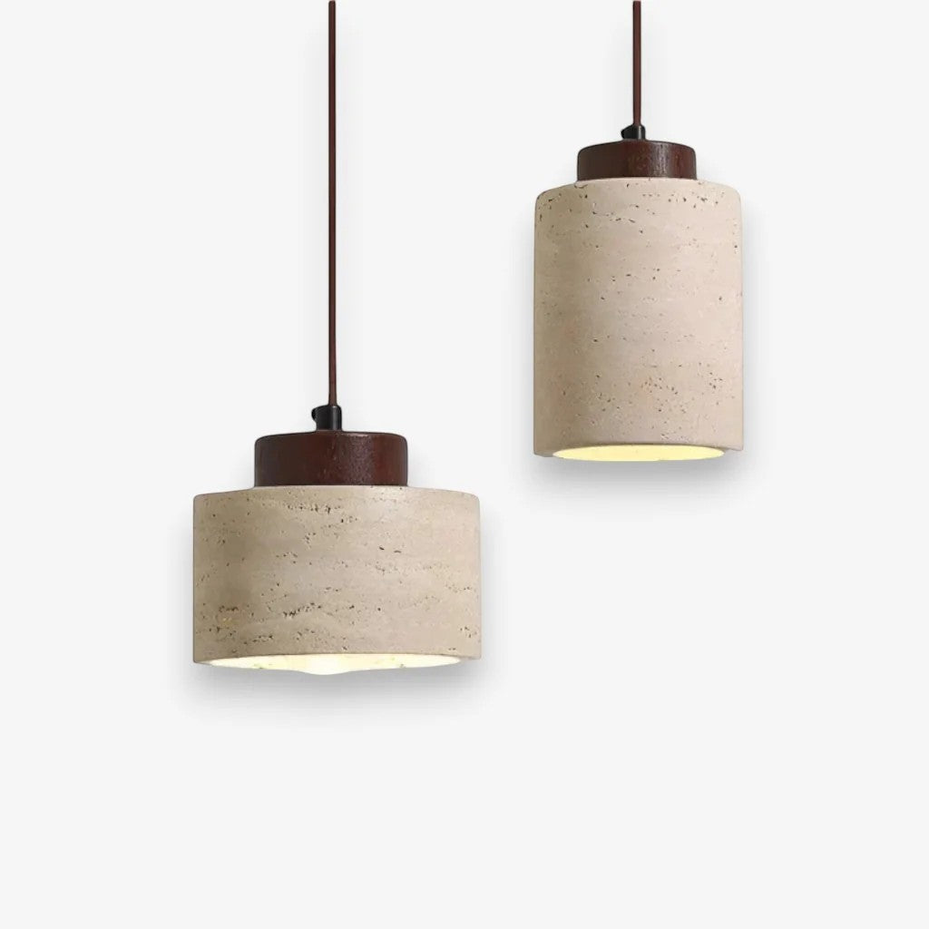 Japandi Natural Travertine Stone & Wood Pendant Light