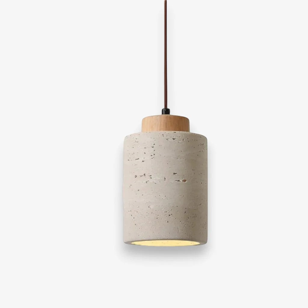 Japandi Natural Travertine Stone & Wood Pendant Light