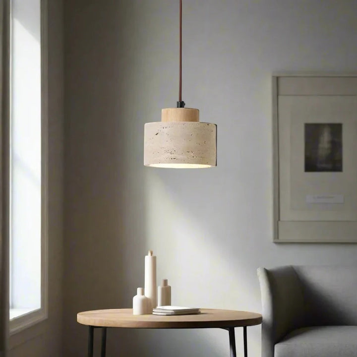 Japandi Natural Travertine Stone & Wood Pendant Light