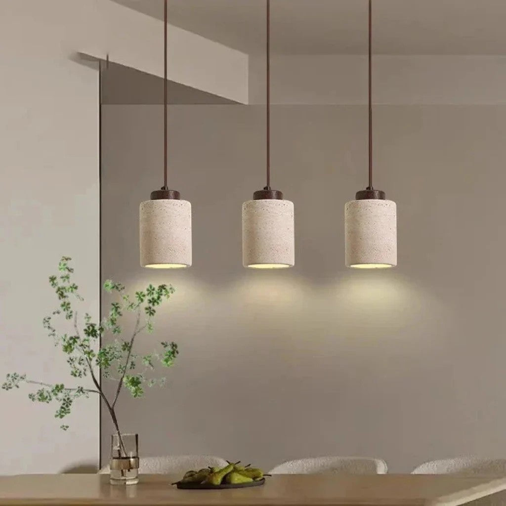 Japandi Natural Travertine Stone & Wood Pendant Light