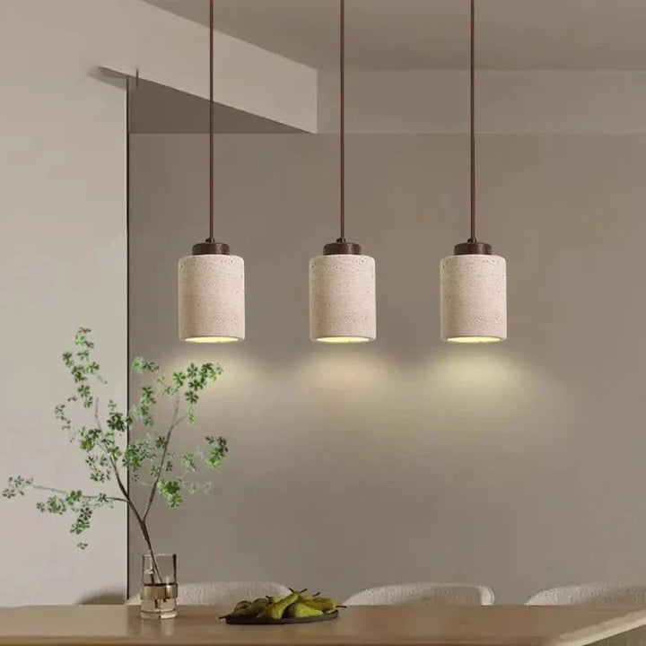 Japandi Natural Travertine Stone & Wood Pendant Light