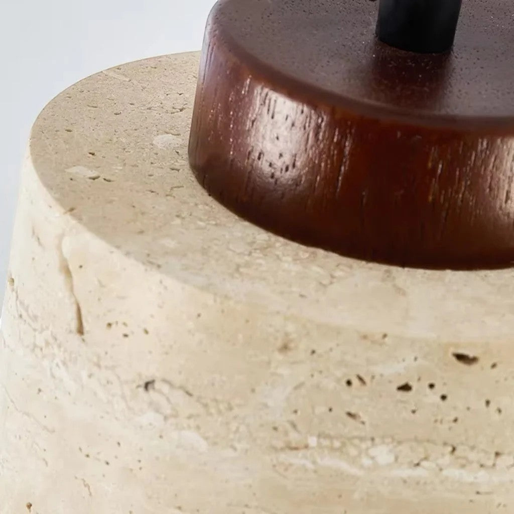 Japandi Natural Travertine Stone & Wood Pendant Light