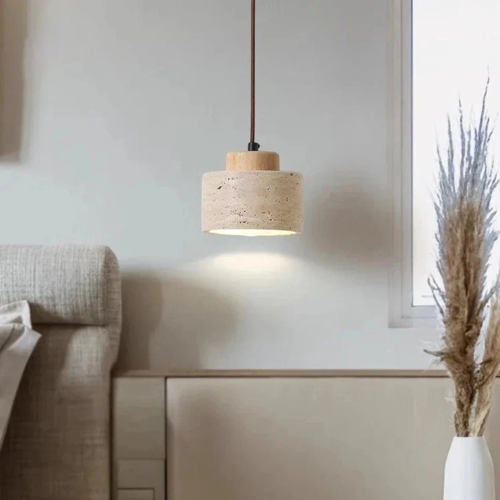 Japandi Natural Travertine Stone & Wood Pendant Light