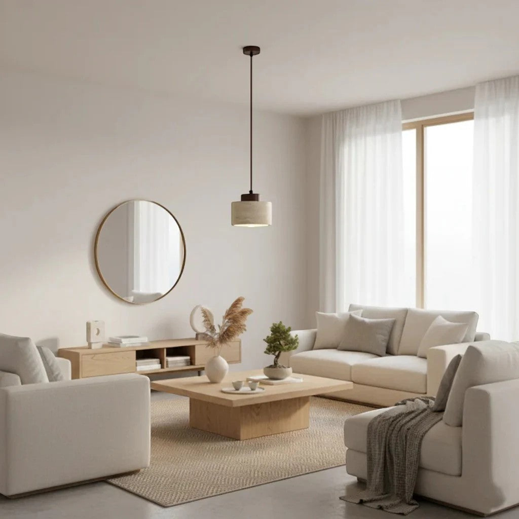 Japandi Natural Travertine Stone & Wood Pendant Light