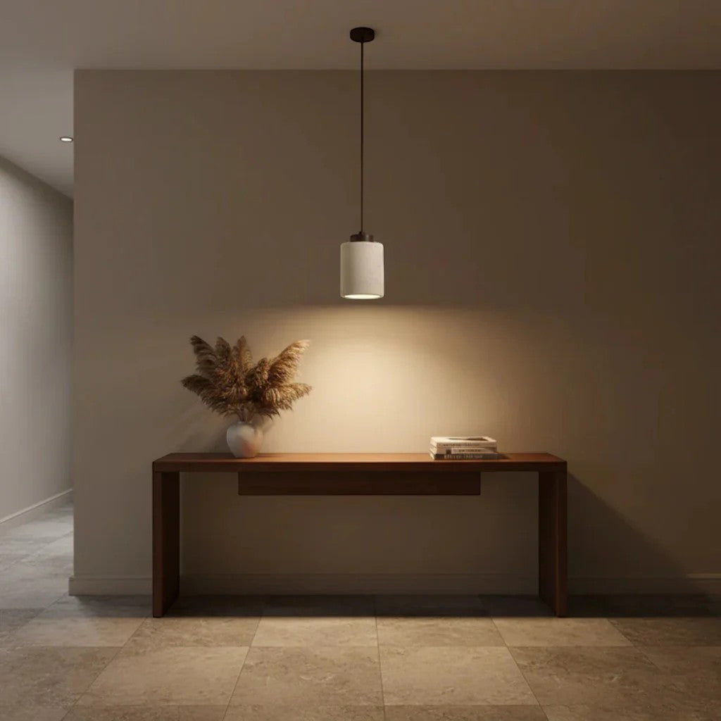 Japandi Natural Travertine Stone & Wood Pendant Light