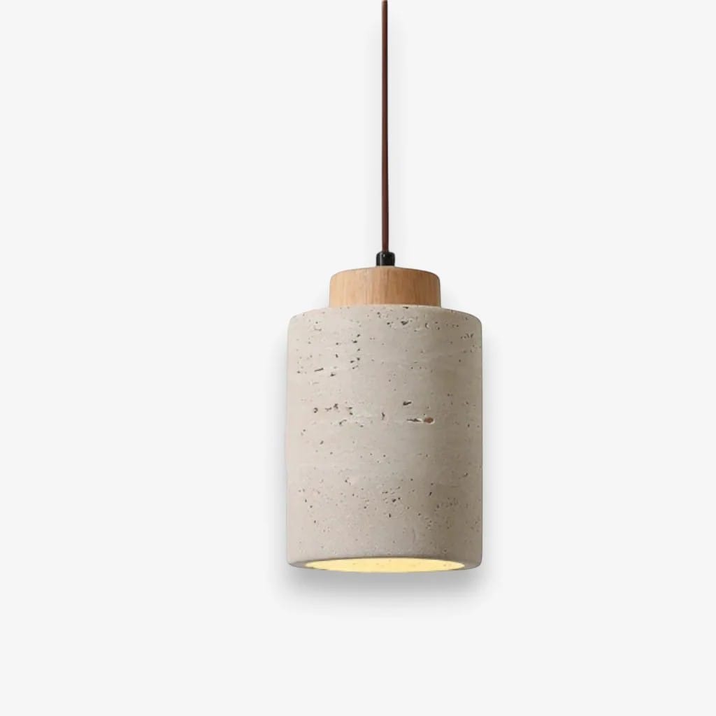Japandi Natural Travertine Stone & Wood Pendant Light Boldenn