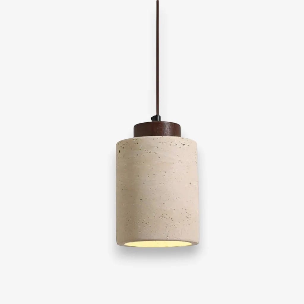 Japandi Natural Travertine Stone & Wood Pendant Light Boldenn