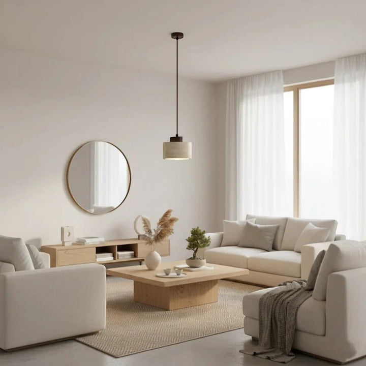 Japandi Natural Travertine Stone & Wood Pendant Light Boldenn