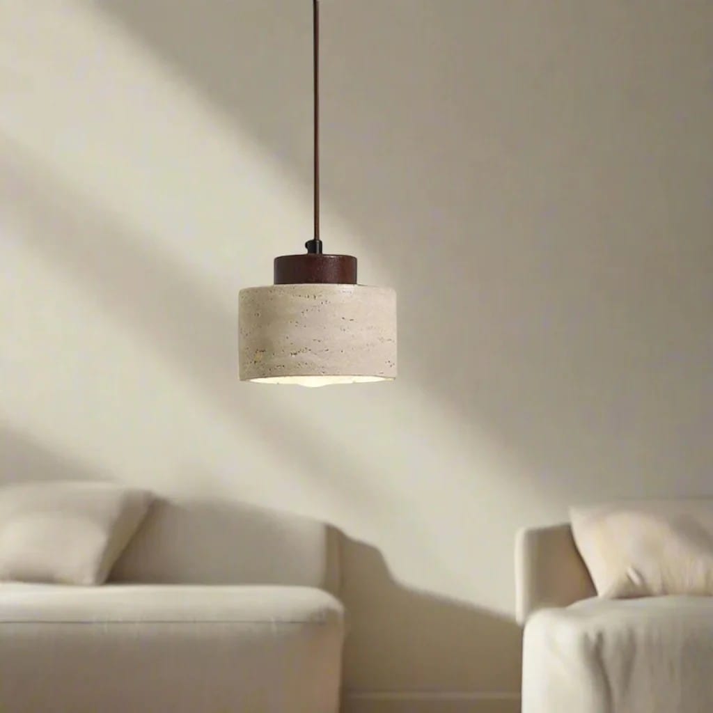 Japandi Natural Travertine Stone & Wood Pendant Light Boldenn