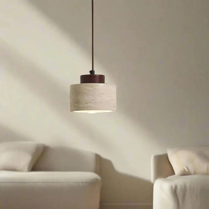 Japandi Natural Travertine Stone & Wood Pendant Light Boldenn