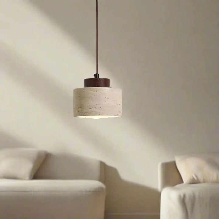 Japandi Natural Travertine Stone & Wood Pendant Light Boldenn