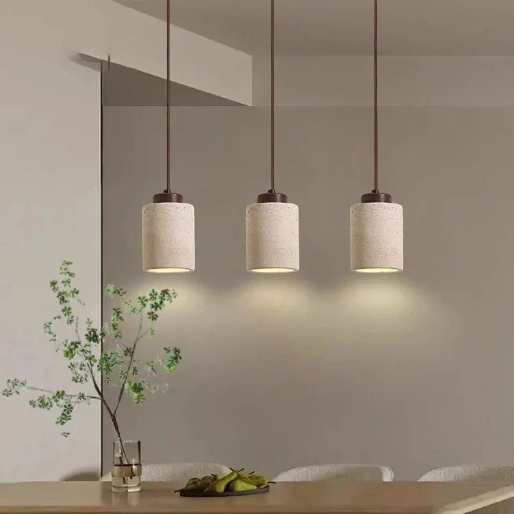 Japandi Natural Travertine Stone & Wood Pendant Light Boldenn