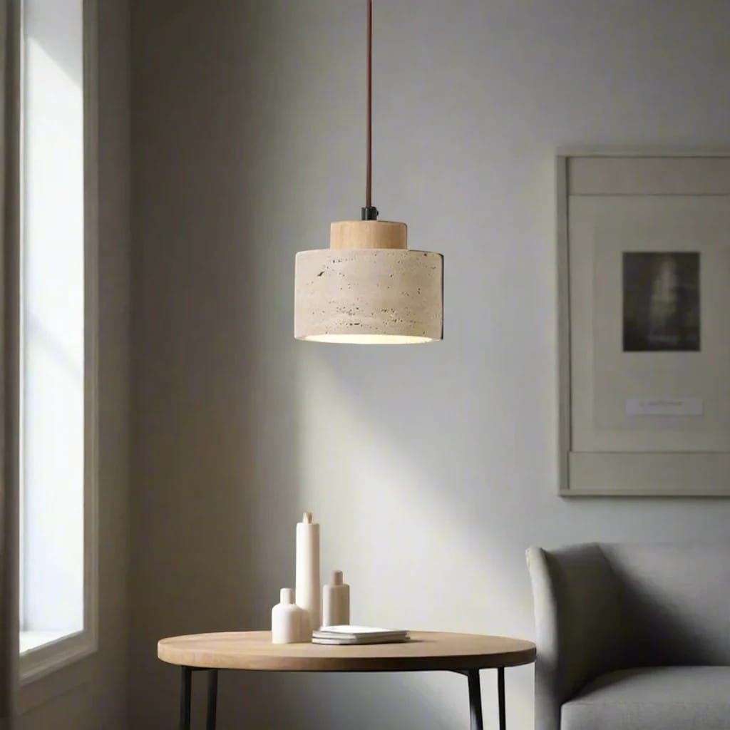 Japandi Natural Travertine Stone & Wood Pendant Light Boldenn