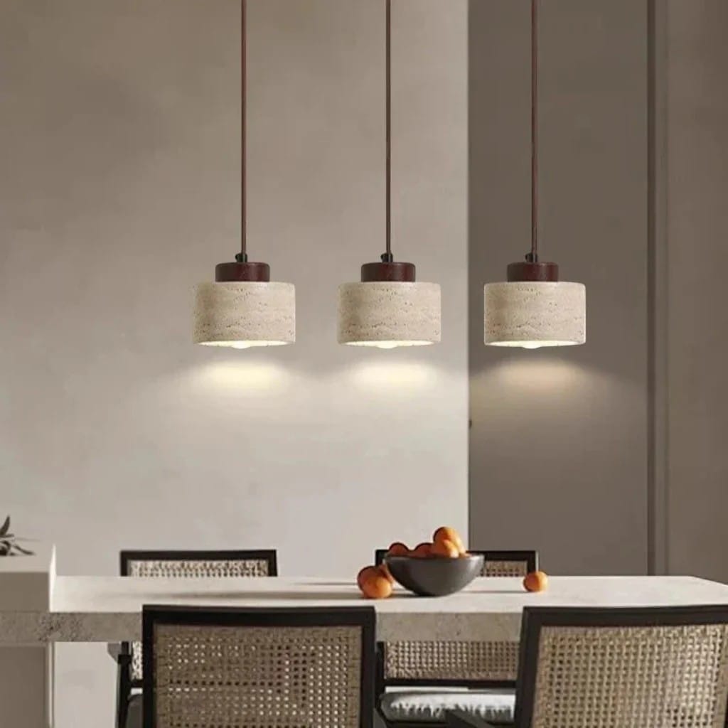 Japandi Natural Travertine Stone & Wood Pendant Light Boldenn