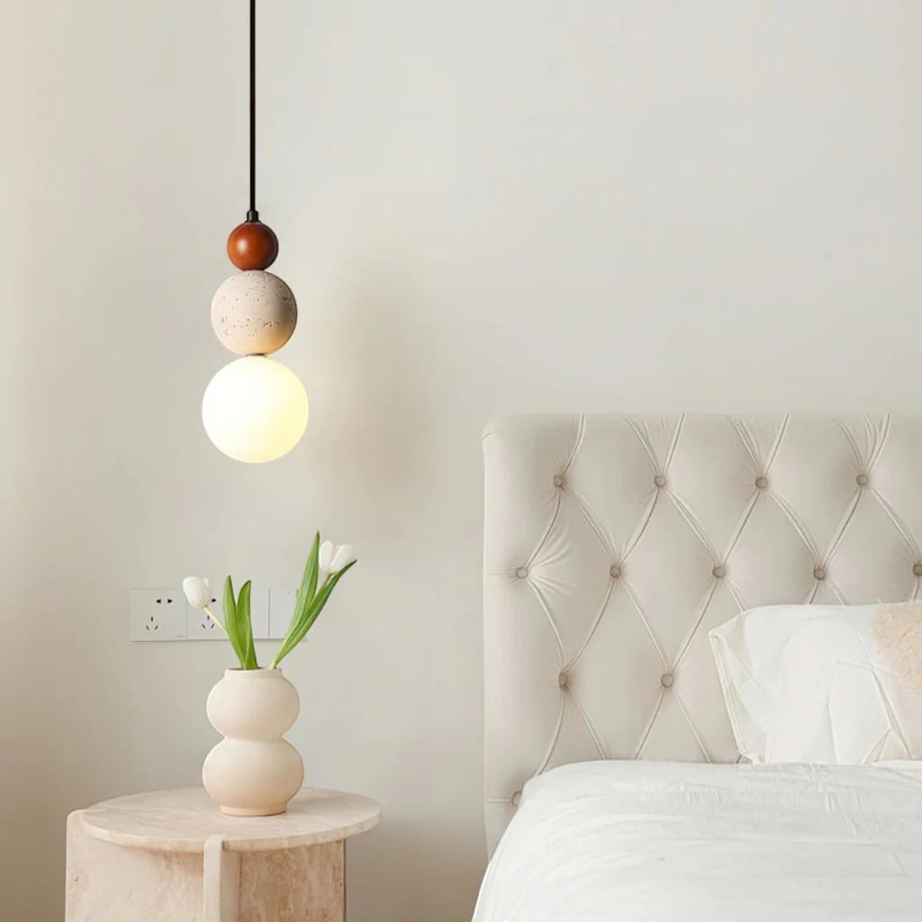 Japandi Travertine & Wood 3 Globes Pendant Light Boldenn